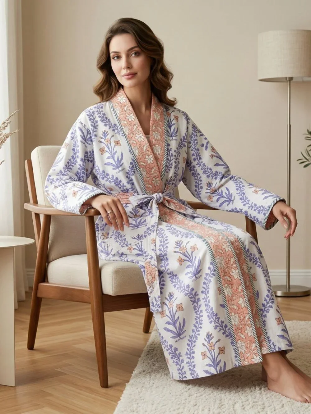 Reversible Cotton Kimono Robe, Hand Block Print Bathrobe, Floral Quilted for Her